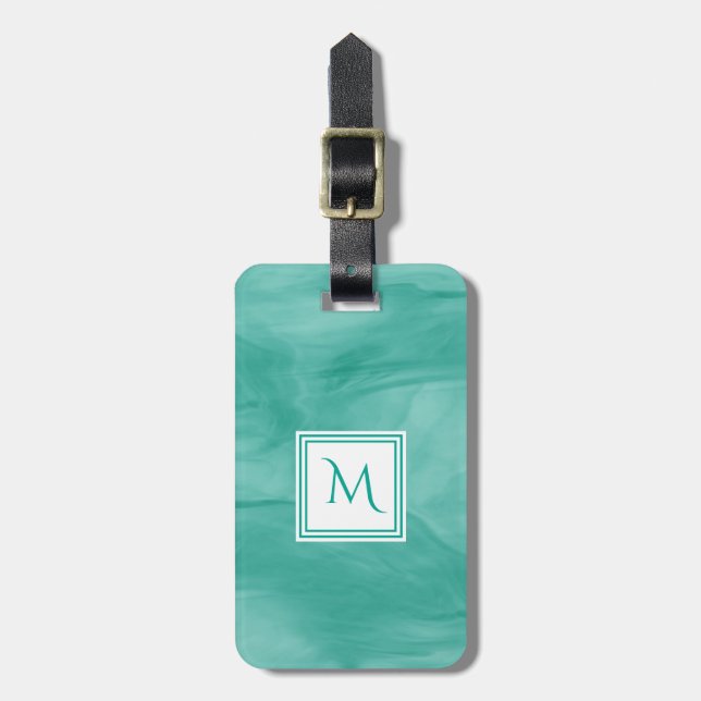 Étiquette À Bagage Simple Turquoise Vert Marbre subtil Monogramme mod (Devant Vertical)