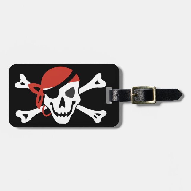 Étiquette À Bagage Simples crâne de pirate souriant avec votre texte  (Devant horizontal)