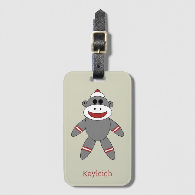 Étiquette À Bagage Singe rétro sur bronzette avec nom (Devant Vertical)