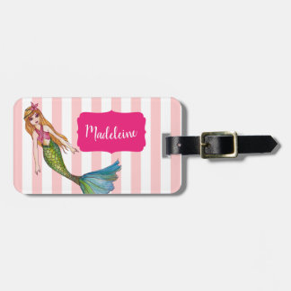 Étiquette À Bagage Sirène d'aquarelle avec cheveux longs