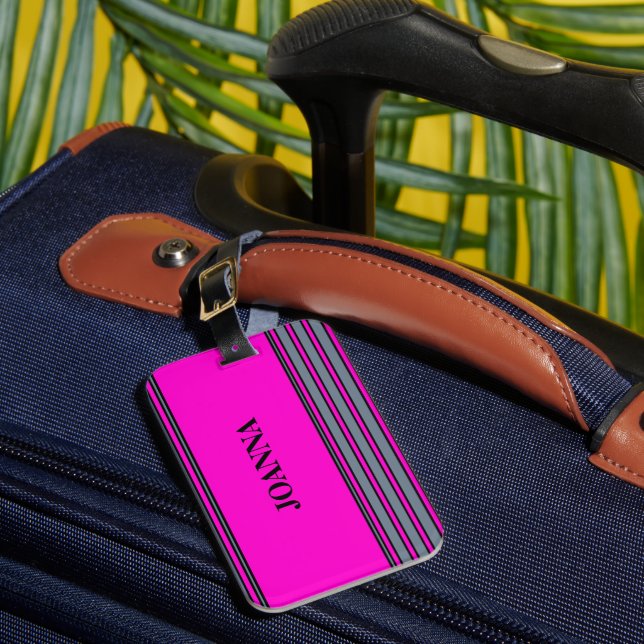 Étiquette À Bagage Slate Grey Fuchsia Elegant Stripes Nom (Insitu Rectoal 1)