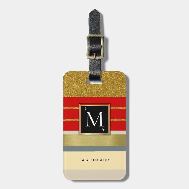 Étiquette À Bagage son monogramme chic avec élégantes rayures voyage (Devant Vertical)