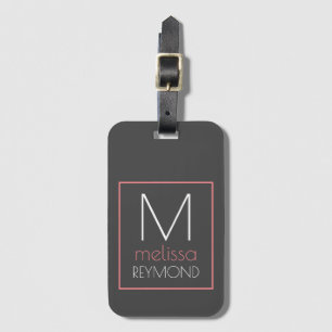 Étiquette À Bagage Son nom monogramme moderne gris & rose