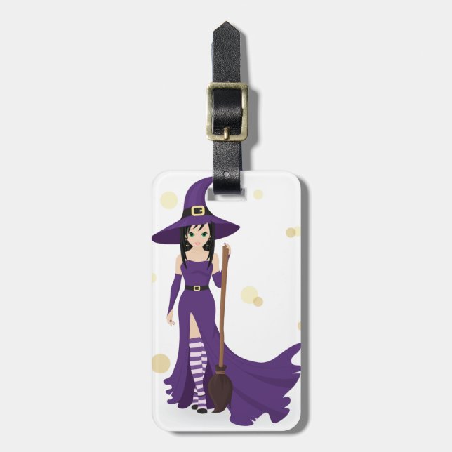 Étiquette À Bagage Sorcière violette avec balai  (Devant Vertical)