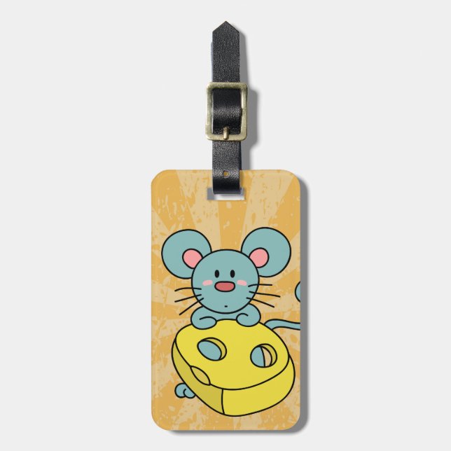 Étiquette À Bagage Souris bleue mignonne avec du fromage jaune (Devant Vertical)