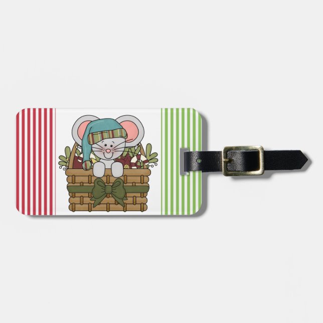 Étiquette À Bagage Souris de Noël dans le panier (Devant horizontal)