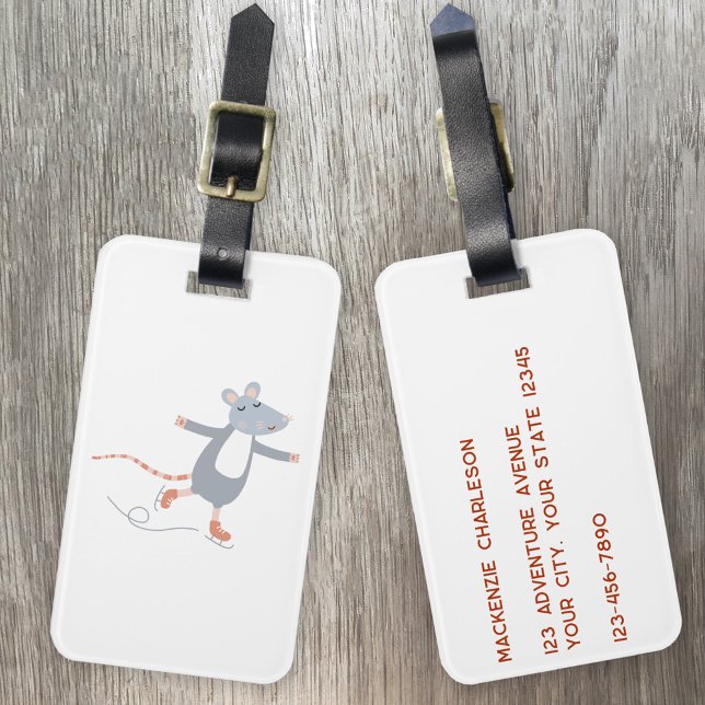 Étiquette À Bagage Souris de patinage sur glace mignonne (Fun ice skating winter sports mouse personalized luggage tag for snowy icy destinations!)