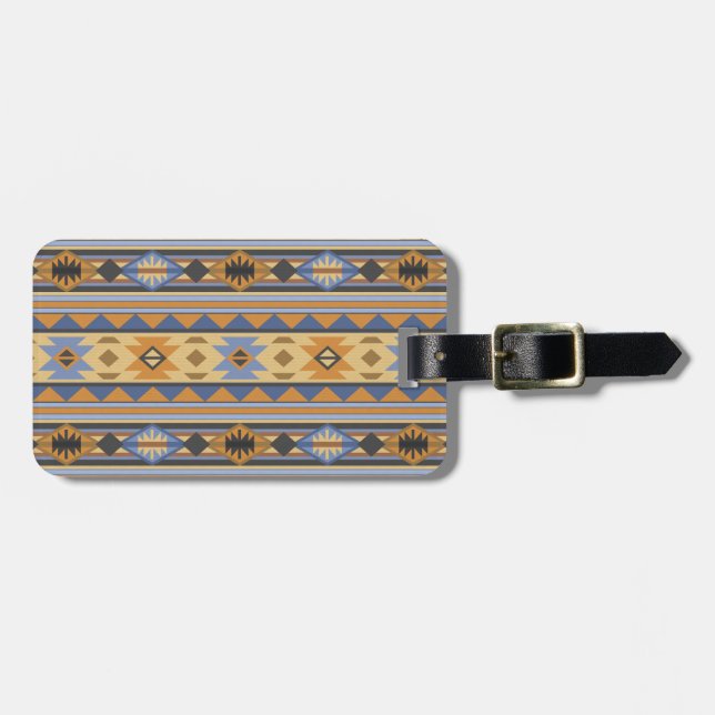 Étiquette À Bagage Southwest Design Gold Blue Grey Tribal Motif (Devant horizontal)