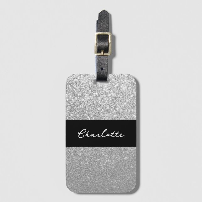 Étiquette À Bagage Sparkle de luxe Silver Nom de la Parties scintilla (Devant Vertical)
