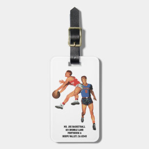 Étiquette À Bagage Sports Vintage, Joueurs de basket-ball dans un mat