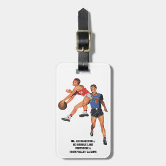 Étiquette À Bagage Sports Vintage, Joueurs de basket-ball dans un mat