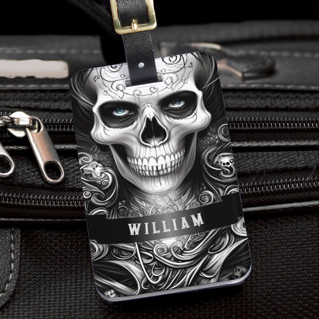 Étiquette À Bagage Squelette gothique Crâne Noir et blanc Nom (Gothic Skeleton Skull Black and White Name Luggage Tag)