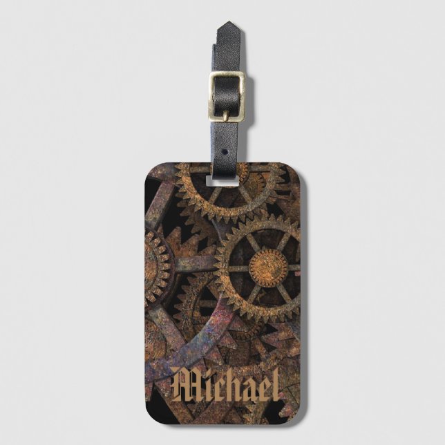 Étiquette À Bagage Steampunk Cogs and Wheels Personalised (Devant Vertical)