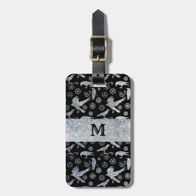 Étiquette À Bagage Steampunk Silver Zinc Acier engrenages et corbeaux (Devant Vertical)