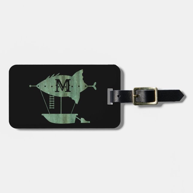 Étiquette À Bagage Steampunk Verdigris Bronze Airship Custom Monogram (Devant horizontal)