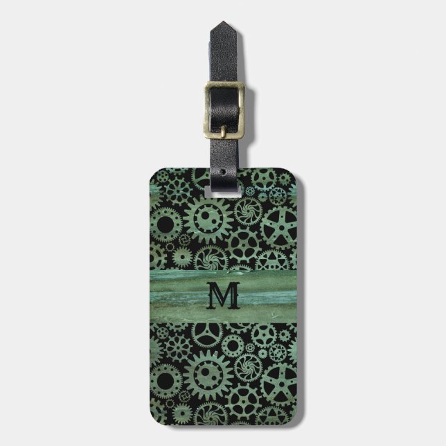 Étiquette À Bagage Steampunk Verdigris bronze engrenages Monogramme (Devant Vertical)