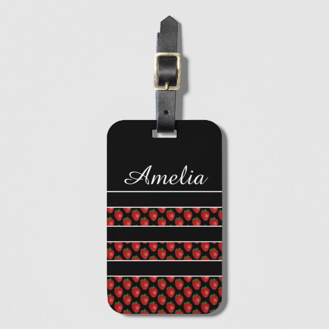 Étiquette À Bagage Strawberry Stripes Black Personalised (Devant Vertical)