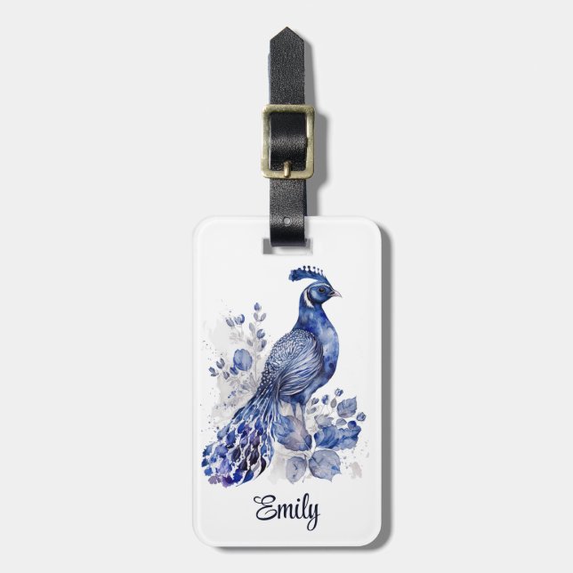 Étiquette À Bagage Style bleu et blanc Delft paon avec fleurs (Devant Vertical)