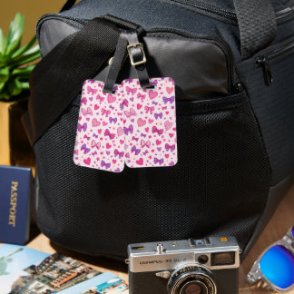 Étiquette À Bagage Style Coquette Rose Violet Nœud & Motif de Cœur