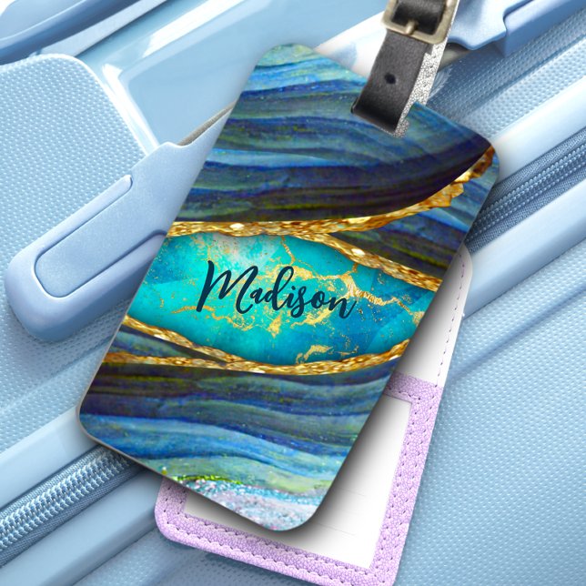 Étiquette À Bagage Style marbre bleu art faux or parties scintillant (Créateur téléchargé)