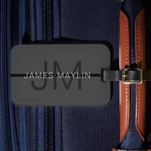 Étiquette À Bagage Stylé Masculin Gris Foncé Nom & Monogramme  (Insitu Rectoal 4)