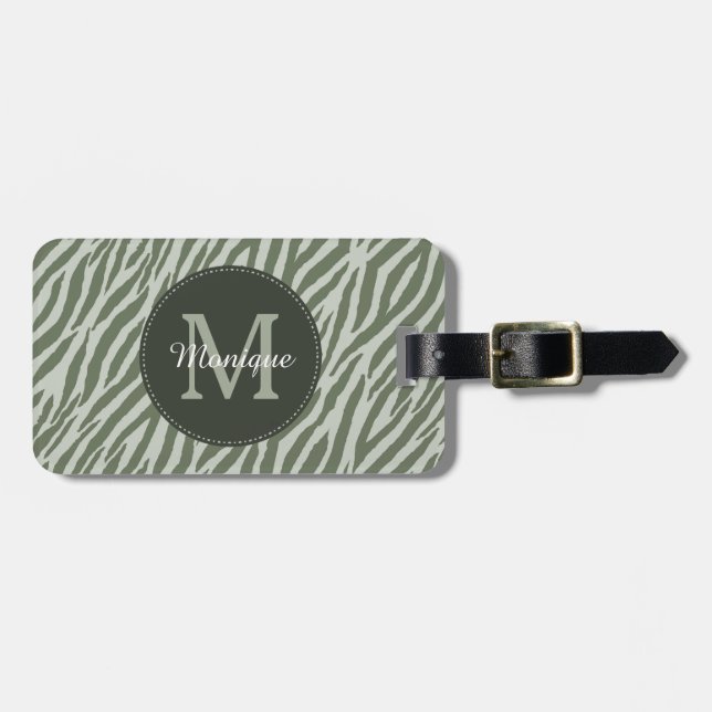 Étiquette À Bagage Style Sage Green Zebra Imprimer Monogramme et nom (Devant horizontal)