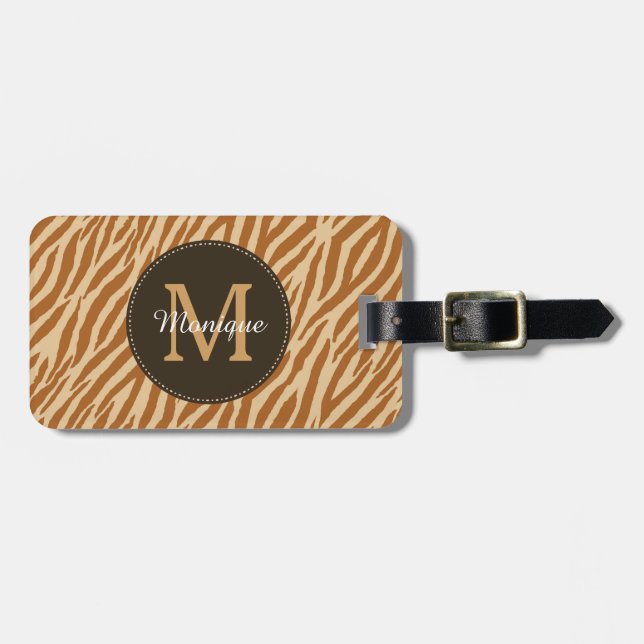 Étiquette À Bagage Stylé Tawny Brown Zebra Imprimer Monogramme et nom (Devant horizontal)