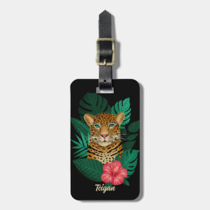 Étiquette À Bagage Stylish Jungle Leopard Nom Floral Enfants Noir