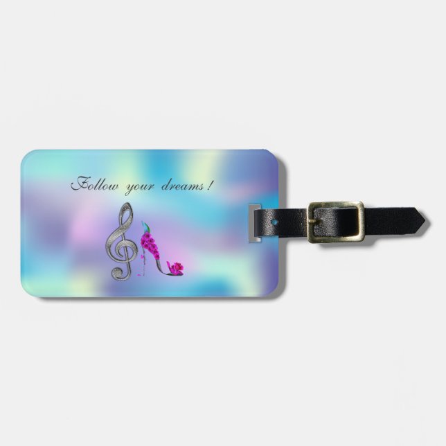 Étiquette À Bagage Suivez vos rêves, talons, clé violine Holographiqu (Devant horizontal)