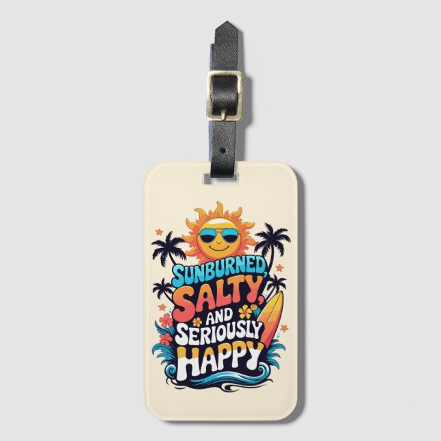 Étiquette À Bagage Sunburned Salty and Happy – Retro Beach Vibes (Devant Vertical)