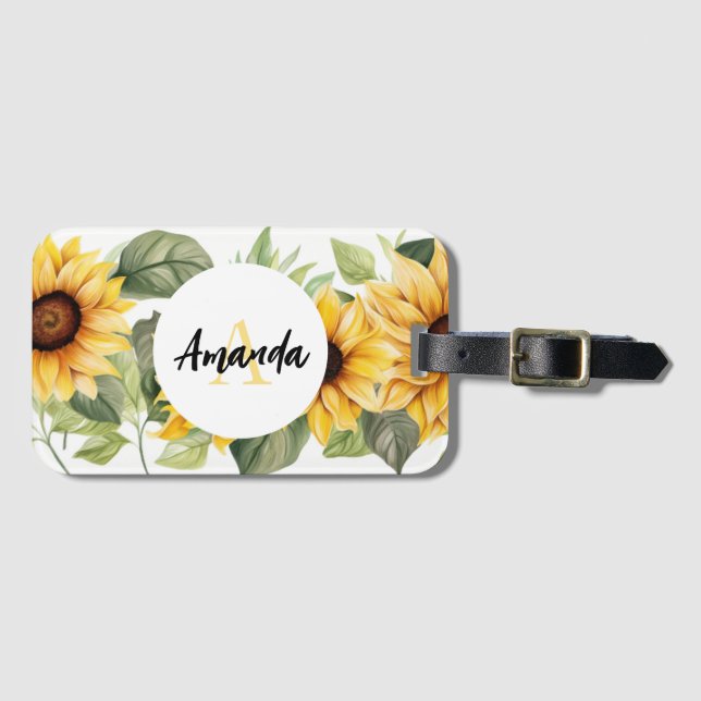 Étiquette À Bagage Superbe Motif de tournesol jaune monogramme (Devant Horizontal)