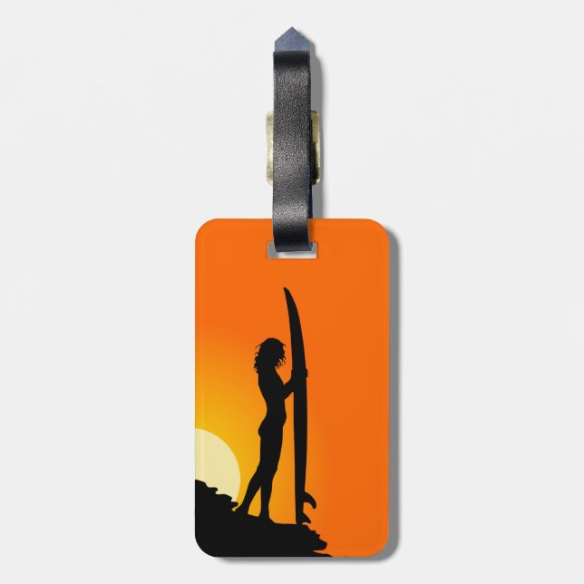 Étiquette À Bagage Surfeuse au coucher du soleil.Orange/Noir (Dos Vertical)