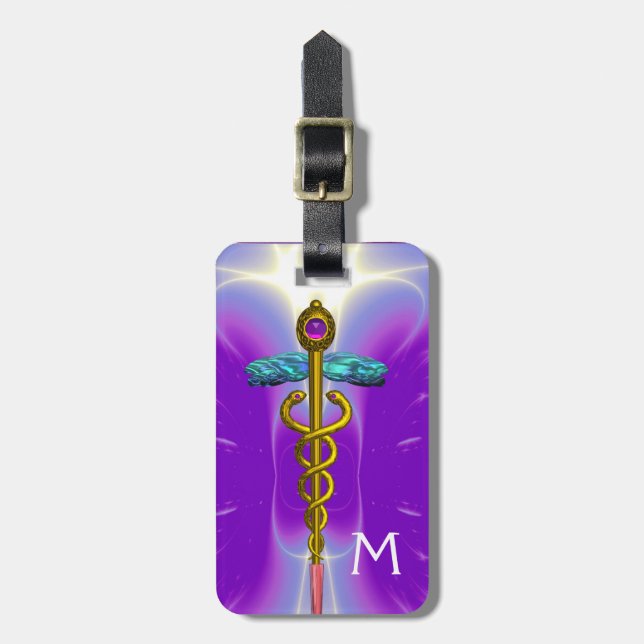 Étiquette À Bagage SYMBOLE DE CADUCE D'OR MONOGRAMME Purple Turquoise (Devant Vertical)
