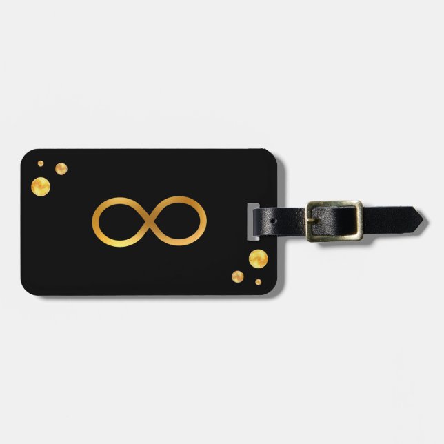 Étiquette À Bagage Symbole Gold Infinity & Confetti or sur Noir (Devant horizontal)