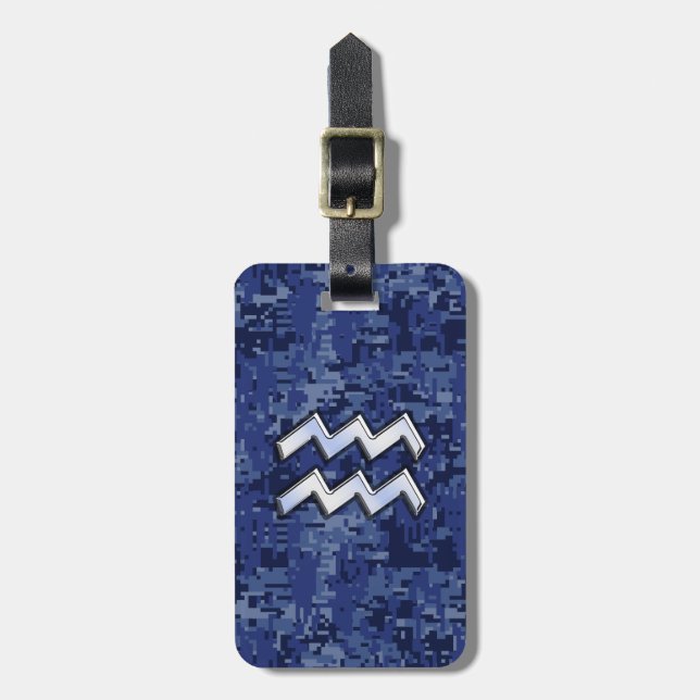 Étiquette À Bagage Symbole Zodiaque Aquarius sur décor camo numérique (Devant Vertical)