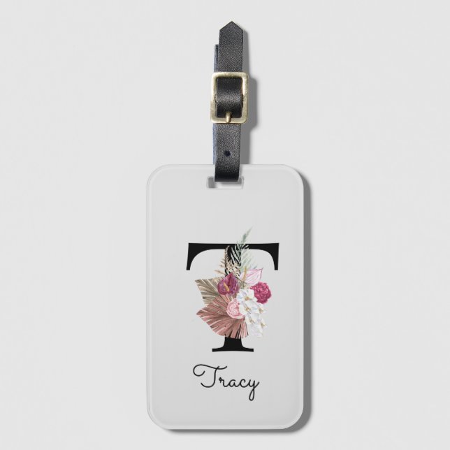 Étiquette À Bagage T initiale florale boho rose personnalisée (Devant Vertical)