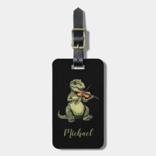 Étiquette À Bagage T-Rex dinosaure drôle jouant du violon noir blanc