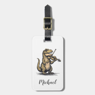Étiquette À Bagage T-Rex dinosaure drôle jouant du violon noir blanc