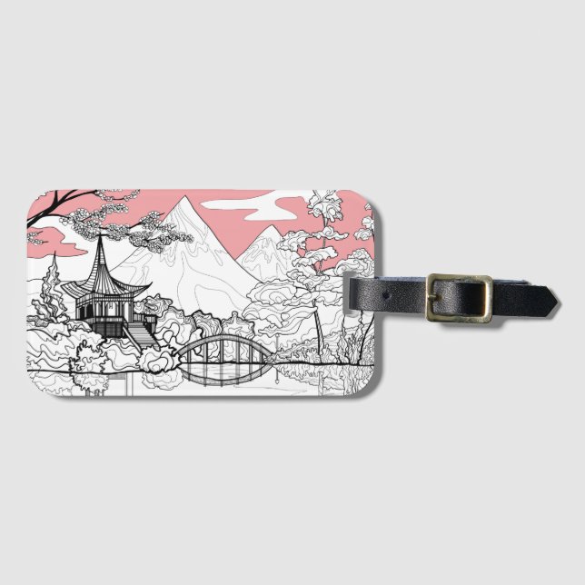 Étiquette À Bagage Tableau en ligne de Temple japonais Lac Mountain (Devant Horizontal)