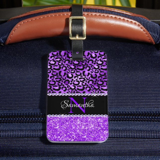 Étiquette À Bagage Taches de léopard noir et violet Glam Monogramme (Insitu Rectoal 2)