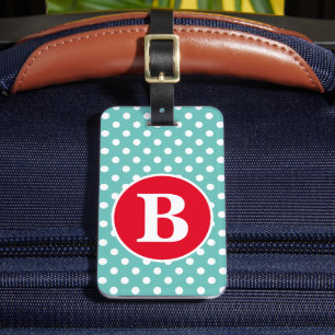 Étiquette À Bagage Taches de pois turquoise clair et blanc avec monog