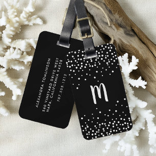 Étiquette À Bagage Tag de bagage Monogramme de points Confetti   Noir