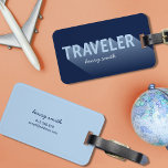 Étiquette À Bagage Tag de la typographie Shadow Modern Blue Traveller<br><div class="desc">Déposez-vous de toutes les autres valises à la consigne à bagages avec cette étiquette de sac bleu typographie en gras avec le mot "Voyageur" avec une longue ombre qui s'estompe. Personnalisez cette balise avec vos informations et pour plus d'options comme changer la police et sa taille cliquez sur le bouton...</div>