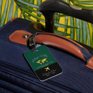 Étiquette À Bagage Tag de voyage avec Gold Map et Plane vert foncé