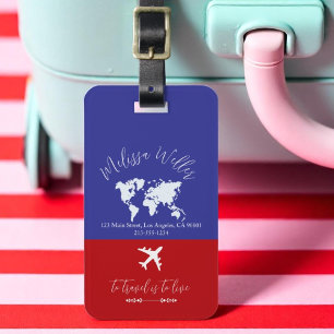 Étiquette À Bagage Tag de voyage avec World Map et Plan rouge bleu