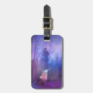 Étiquette À Bagage Tag Loup et Lune dans la forêt