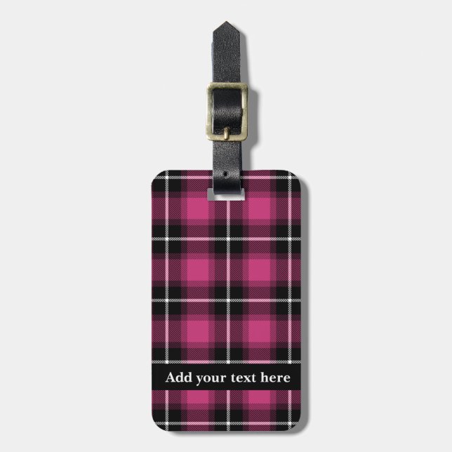 Étiquette À Bagage Tartan rose noir Plaid Personnalisé (Devant Vertical)