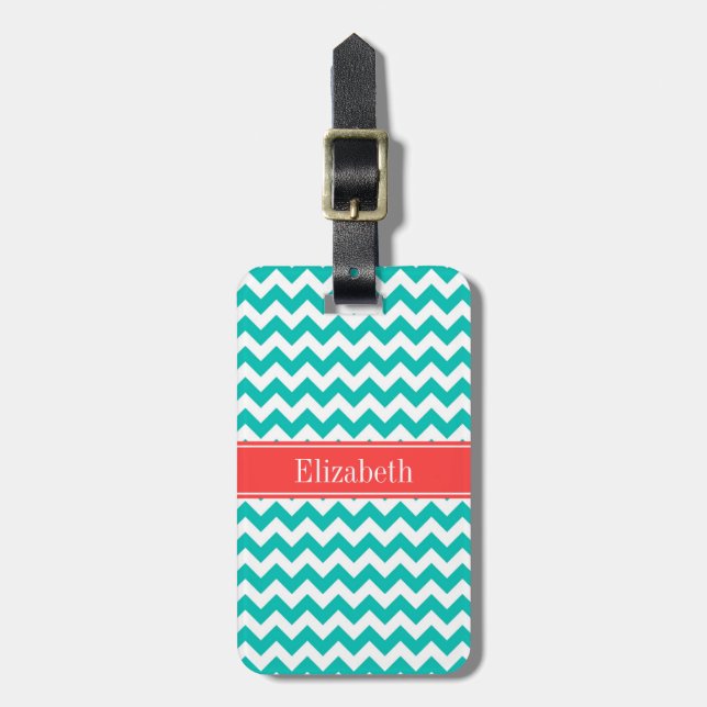 Étiquette À Bagage Teal White Chevron ZigZag Coral Name Monogram (Devant Vertical)