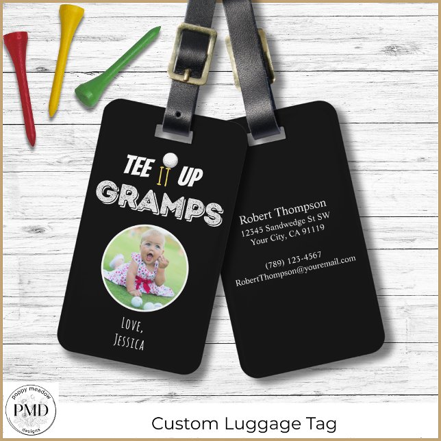 Étiquette À Bagage Tee It Up Gramps Fête des pères photo personnalisé (Tee It Up Gramps Custom Photo Black Golf Luggage Tag with Child or Pet Photo, Name, Contact Info.)