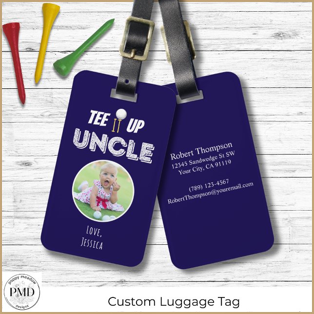 Étiquette À Bagage Tee It Up Oncle Fête des pères photo personnalisée (Tee It Up Uncle Custom Father's Day Navy Blue Luggage Tag with Child or Pet Photo, Contact Info.)